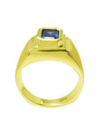 Men's 14k yellow gold pinky ring with a rectangular, medium dark blue sapphire, bezel set.