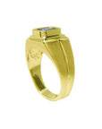 Men's 14k yellow gold pinky ring with a rectangular, bezel-set medium dark blue sapphire.