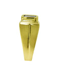 Men's 14k yellow gold pinky ring with a rectangular, medium dark blue sapphire, bezel set.