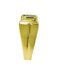 Men's 14k yellow gold pinky ring with a rectangular, medium dark blue sapphire, bezel set.