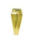 Men's 14k yellow gold pinky ring with a rectangular, medium dark blue sapphire, bezel set.