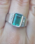 Genuine men's emerald rings for sale 2.77 carats Muzo Colombian emerald-cut bezel set 18k white gold