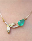 Pear cut natural Colombian emerald necklace for women 14k yellow gold