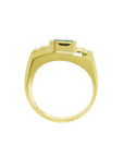 Men's 18K yellow gold ring with a bezel-set emerald and accent diamonds.