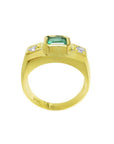 Men's 18K yellow gold ring with a rectangular green emerald and two accent diamonds.