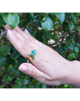 Hand wearing a natural emerald gemstone ring with a leafy background