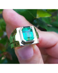 Gold solitaire ring with a bezel set emerald held by a hand against a blurred green leafy background.