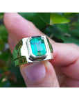 Gold solitaire ring with a bezel set emerald held by a hand against a blurred green leafy background.