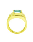 Men's 18K yellow gold ring with a rectangular Colombian emerald in a full bezel setting.