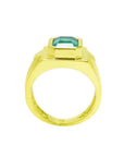 Men's 18K yellow gold ring with a rectangular Colombian emerald in a full bezel setting.