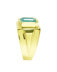 Men's 18K yellow gold ring with a rectangular Colombian emerald in a full bezel setting.
