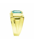 Men's 18K yellow gold ring with a rectangular Colombian emerald in a full bezel setting.