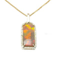 A red-orange fire natural Australian opal pendant necklace on a gold chain displaying its topside profile.