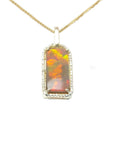 A red-orange fire natural Australian opal pendant necklace on a gold chain displaying its topside profile.