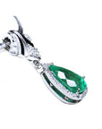 18K white gold enhancer necklace with a pear-shaped emerald and halo diamonds.