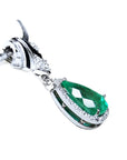 18K white gold enhancer necklace with a pear-shaped emerald and halo diamonds.