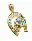 Equestrian jewelry natural emerald horseshoe pendant and natural diamonds crafted in 18k yellow gold
