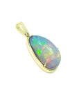 Ethiopian opal pendant with gold setting on a right-side profile white background.
