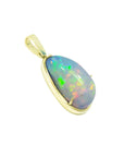 Ethiopian opal pendant with gold setting on a right-side profile white background.