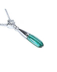 right view of a emerald and diamond briolette necklace in 14k white gold with a natural diamond on top slider bail and 18" inches chain