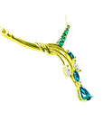 Right side view of a yellow gold necklace blended pear shaped marquises and round cut emeralds on a white background