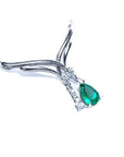 Right-view of a 14k white gold emerald necklace natural pear cut sparkling medium green color