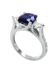 Women's natural blue sapphire ring side diamonds three stone white gold, half side top shoulder and shank profile