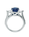 Women's natural blue sapphire ring side diamonds three stone white gold, lateral top gallery and shank view