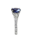 Women's natural blue sapphire ring side diamonds three stone white gold, side top shank profile view