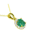 Round cut natural Colombian emerald necklace halo diamond 14k yellow gold