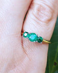 A three-round cut colombian emerald ring on a finger with a green leafy background.