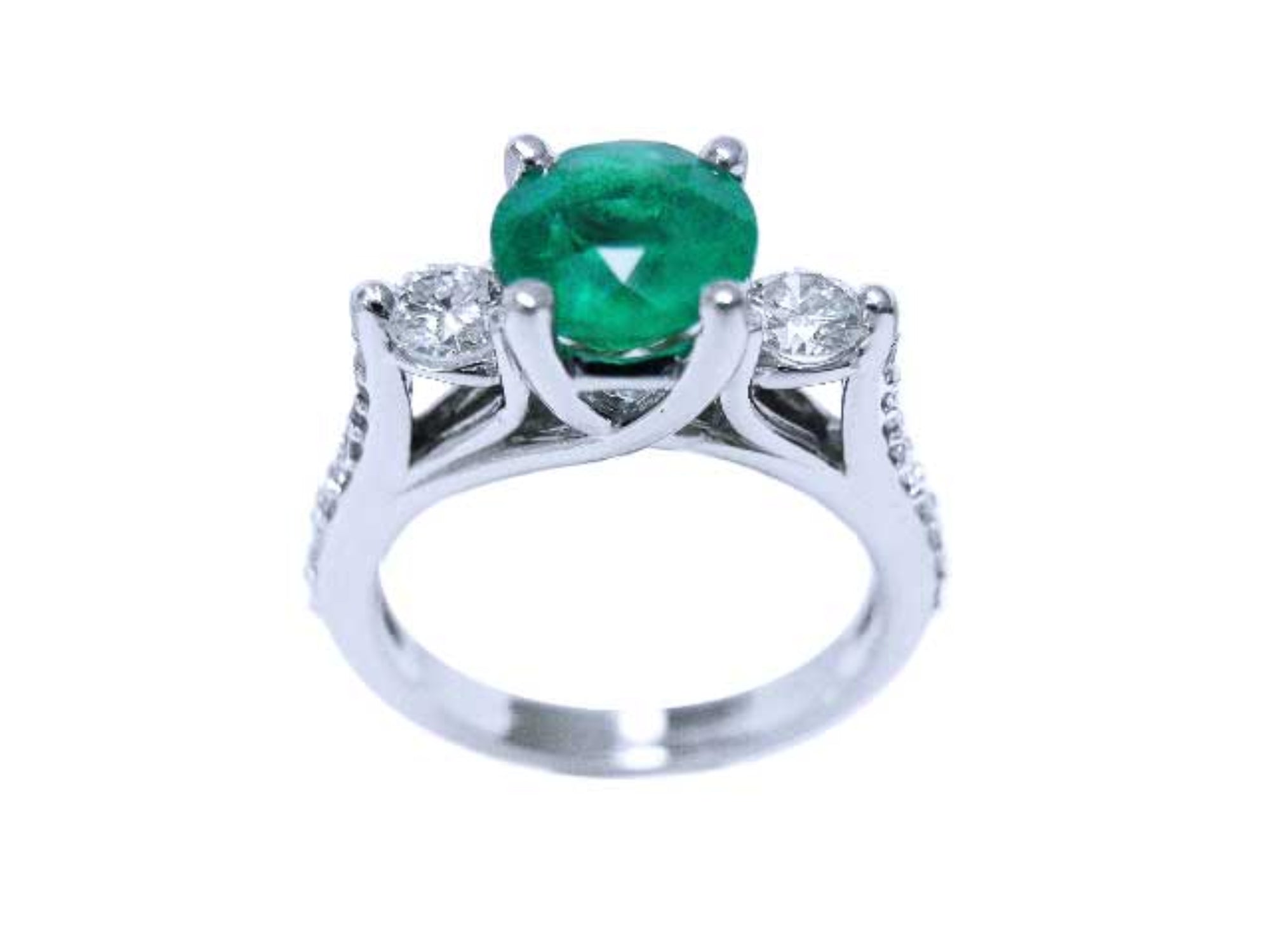 Topside profile of a round cut emerald and side diamonds, with profile gallery and band ring view.