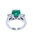 Topside profile of a round cut emerald and side diamonds, with profile gallery and band ring view.