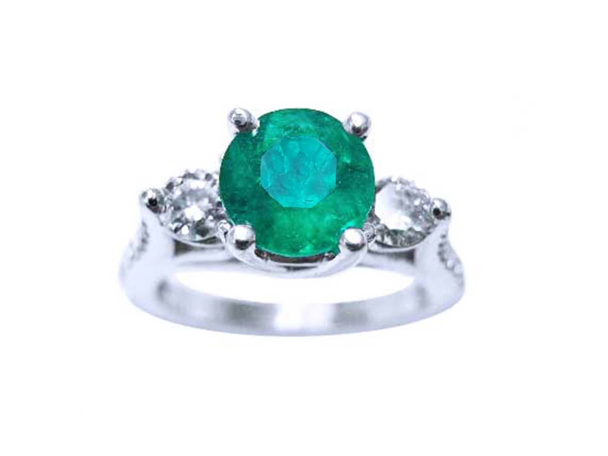 Top view of a round cut colombian emerald ring with side natural diamonds in white gold