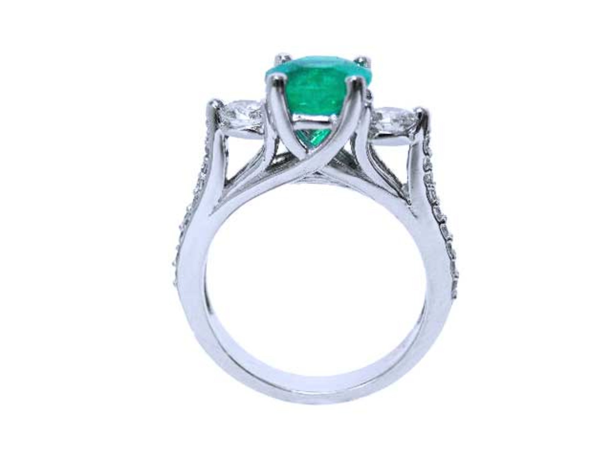 The lateral profile of a round cut emerald ring, displaying top, gallery and band of the ring visibles.