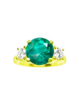 GIA certified F1 round Colombian emerald three-stone ring with accent diamonds in 18K yellow gold.