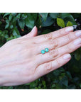 Round Colombian emerald stud earrings in 14k white gold, displayed on a hand against green foliage.