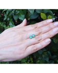 Round Colombian emerald stud earrings in 14k white gold, displayed on a hand against green foliage.