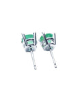 Pair of round green emerald stud earrings in 14k white gold, viewed from the back.