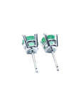 Pair of round green emerald stud earrings in 14k white gold, viewed from the back.