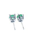 Pair of round green emerald stud earrings in 14k white gold, viewed from the back.