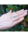 Round natural Colombian emerald stud earrings in 14K gold, displayed on a hand against green foliage.