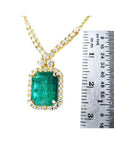 May's birthstone Emerald necklaces emerald-cut natural emerald deep green bluish color, in a halo diamond