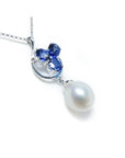 1.76 ct. Natural Sapphire Cluster Necklace Pendant and Dangling Pearl in 14K White Gold