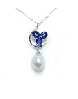 1.76 ct. Natural Sapphire Cluster Necklace Pendant and Dangling Pearl in 14K White Gold