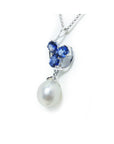 1.76 ct. Natural Sapphire Cluster Necklace Pendant and Dangling Pearl in 14K White Gold