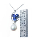 1.76 ct. Natural Sapphire Cluster Necklace Pendant and Dangling Pearl in 14K White Gold