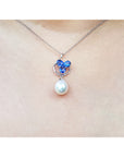 1.76 ct. Natural Sapphire Cluster Necklace Pendant and Dangling Pearl in 14K White Gold