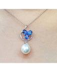 1.76 ct. Natural Sapphire Cluster Necklace Pendant and Dangling Pearl in 14K White Gold