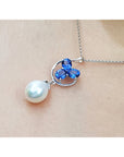 1.76 ct. Natural Sapphire Cluster Necklace Pendant and Dangling Pearl in 14K White Gold